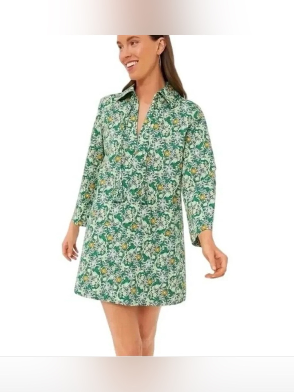 Hyacinth House Tuckernuck Green Floral Notched Collar Mini Dress M 100% Cotton